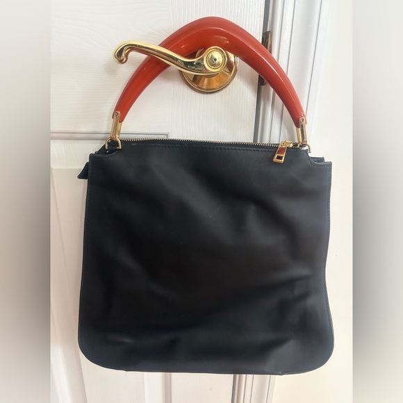 NWOT Made in Italy Black Leather Acetate Handled Satchel Top Handled Bag Purse - Picture 10 of 11